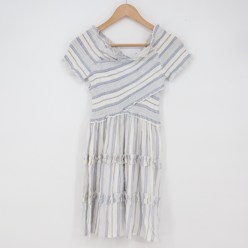 Japna Dress Womens XS Mini Blue White Striped Smocked Ruffle Good